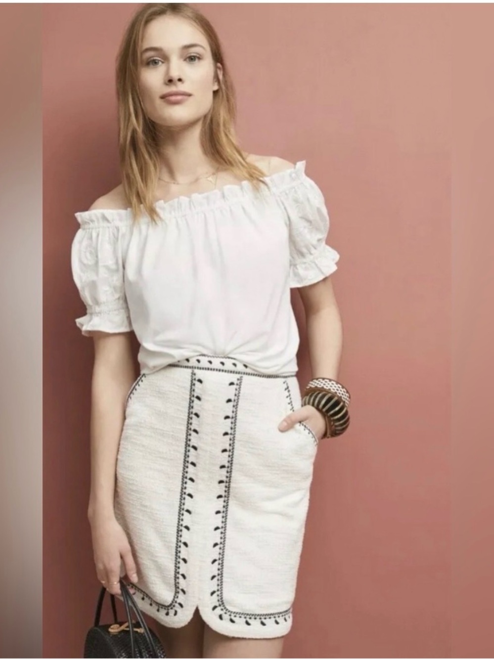 Anthropologie Dolan Left Coast Embroidered Black and White Textured Mini Skirt
